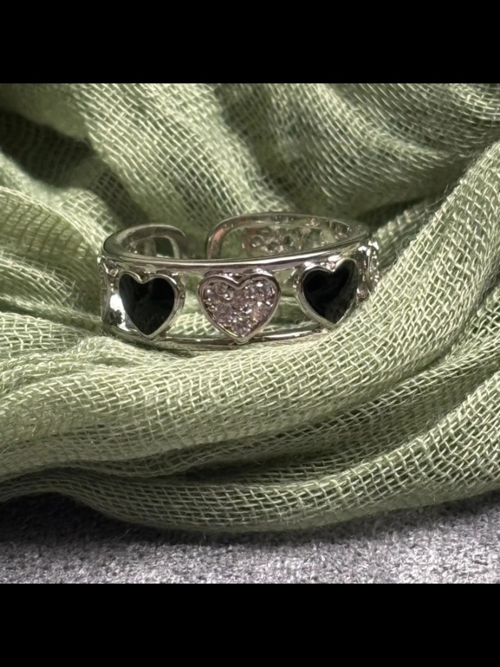 Silver Heart Band Ring with Black Enamel and Clear Crystal Heart Accent